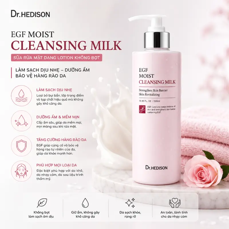 Sữa rửa mặt dạng lotion không bọt Dr.Hedison EGF Moist Cleansing Milk (500ml)