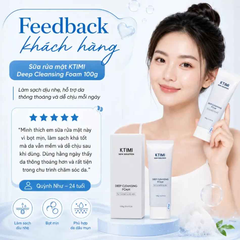 Sữa rửa mặt dịu nhẹ da nhờn mụn KTIMI Deep Cleansing Foam