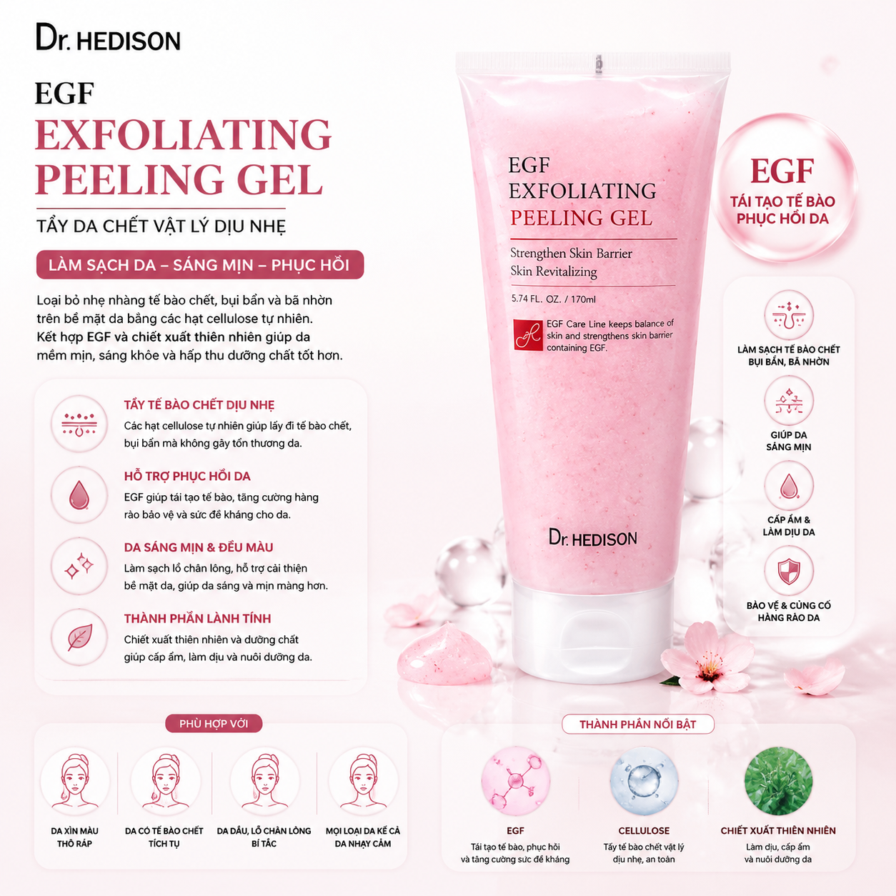 Tẩy Tế Bào Chết Phục Hồi Da EGF Exfoliating Peeling Gel Dr.Hedison 170ml