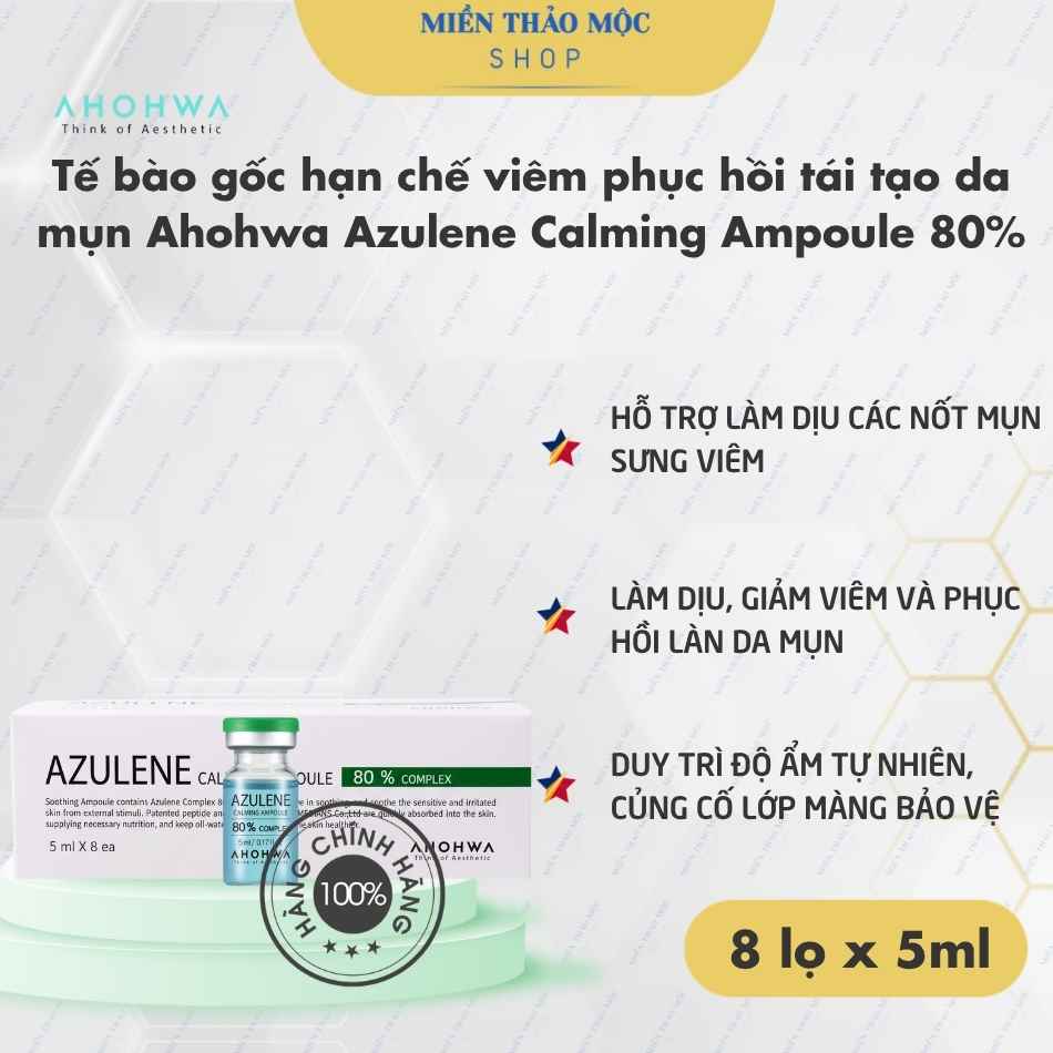 Tế bào gốc hạn chế viêm phục hồi tái tạo da mụn Ahohwa Azulene Calming Ampoule 80%