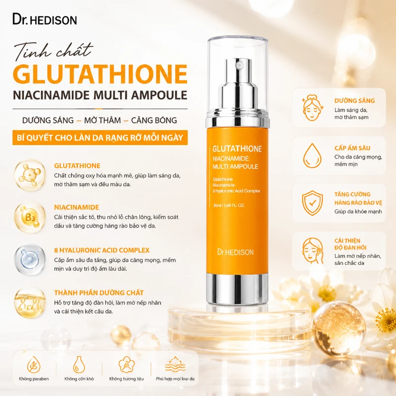 Tinh chất Dưỡng Sáng, Mờ Thâm & Căng Bóng Da Dr.Hedison Glutathione Niacinamide Multi Ampoule 50ml