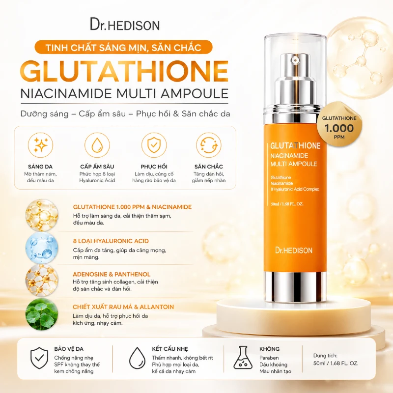 Tinh chất Dưỡng Sáng, Mờ Thâm & Căng Bóng Da Dr.Hedison Glutathione Niacinamide Multi Ampoule 50ml