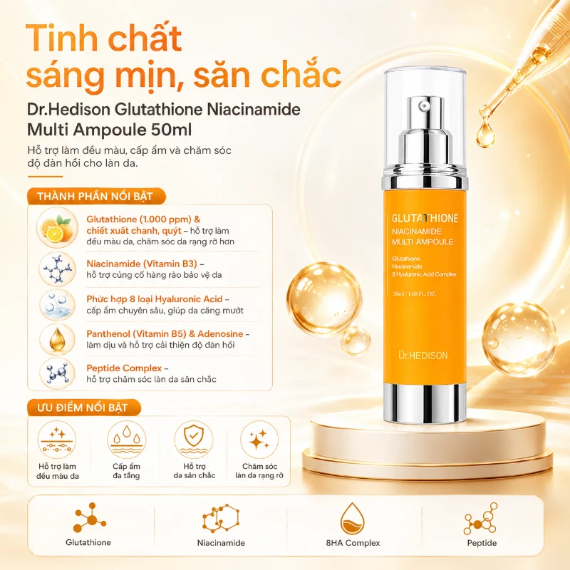 Tinh chất Dưỡng Sáng, Mờ Thâm & Căng Bóng Da Dr.Hedison Glutathione Niacinamide Multi Ampoule 50ml