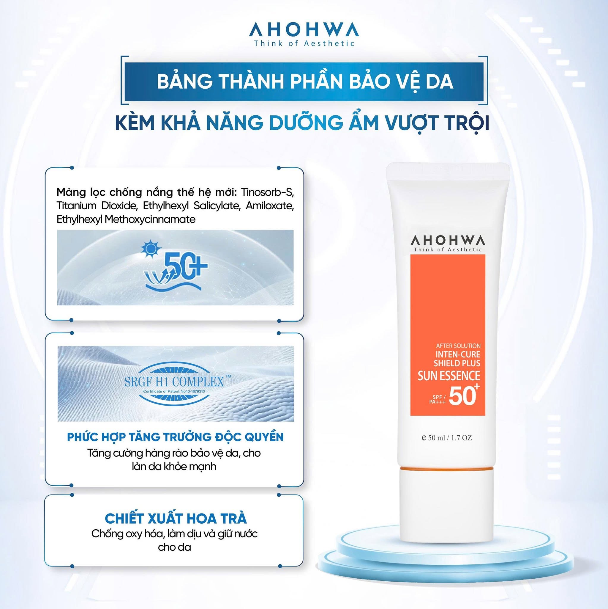 Tinh chất chống nắng vật lý lai hóa học Ahohwa After Solution Inten-Cure Shield Plus Sun Essence SPF50+/Pa+++