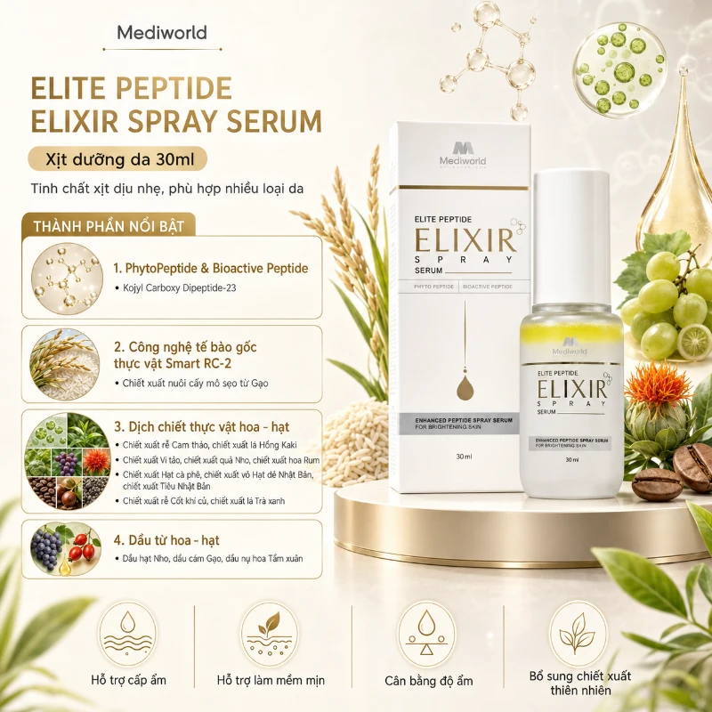 Tinh chất dưỡng dạng xịt cấp ẩm làm sáng da Elite Peptide Elixir Spray Serum