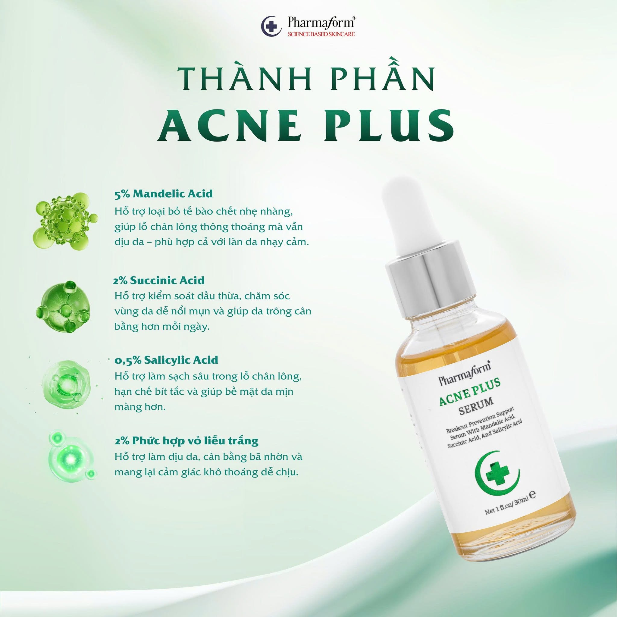Tinh chất kiềm dầu mờ thâm ngăn ngừa mụn Pharmaform Acne Clarifying Plus Serum 30ml