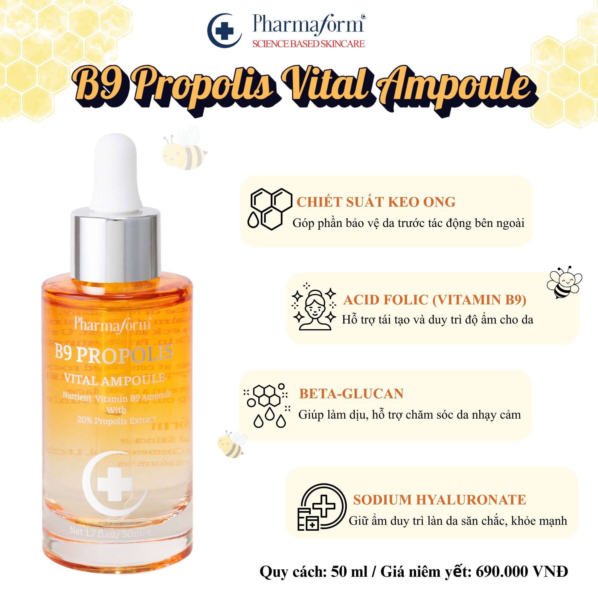 Tinh chất làm dịu da ngừa lão hóa da Pharmaform B9 Propolis Vital Ampoule 50ml
