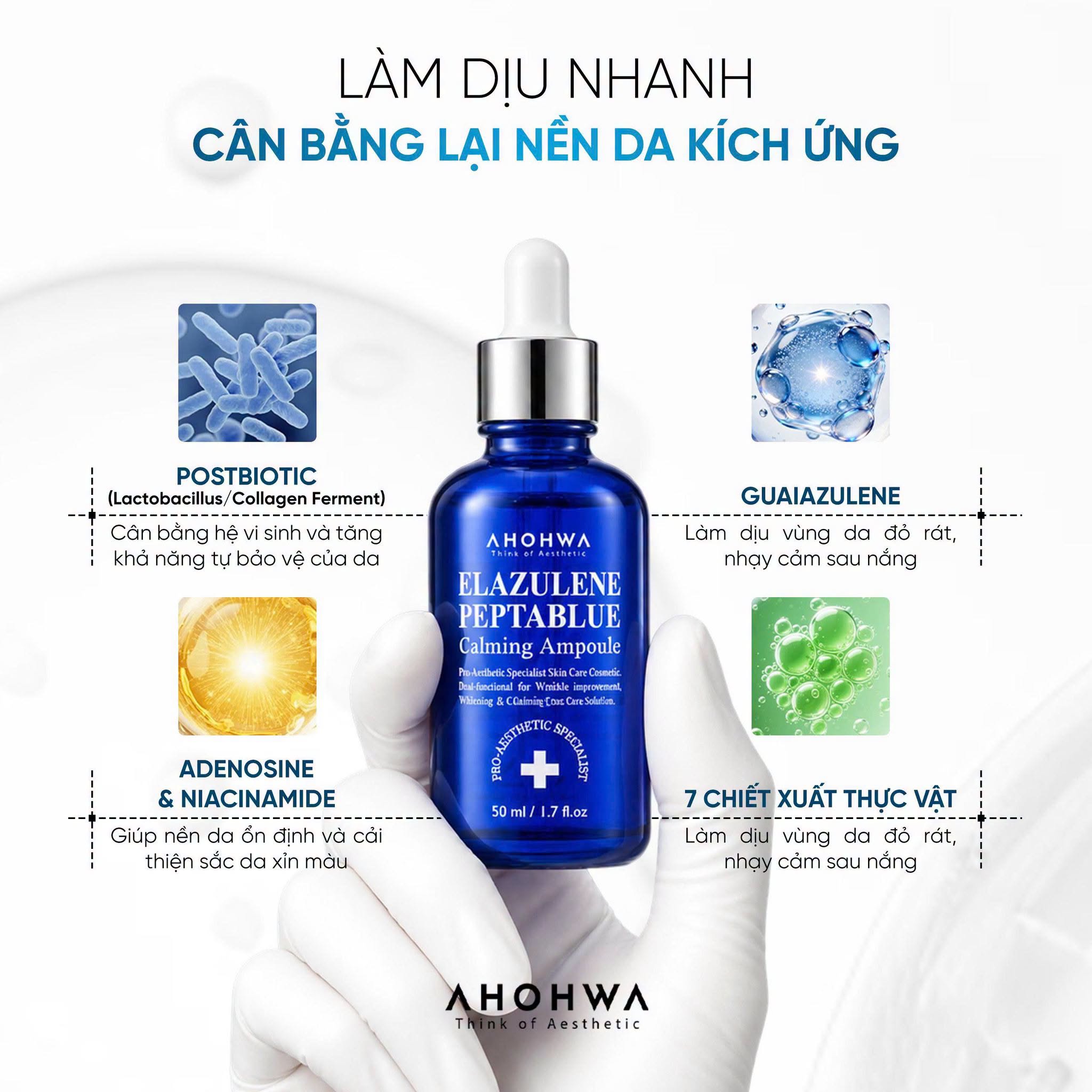 Tinh chất phục hồi trẻ hóa tế bào sinh học Ahohwa Elazulene Peptablue Calming Ampoule
