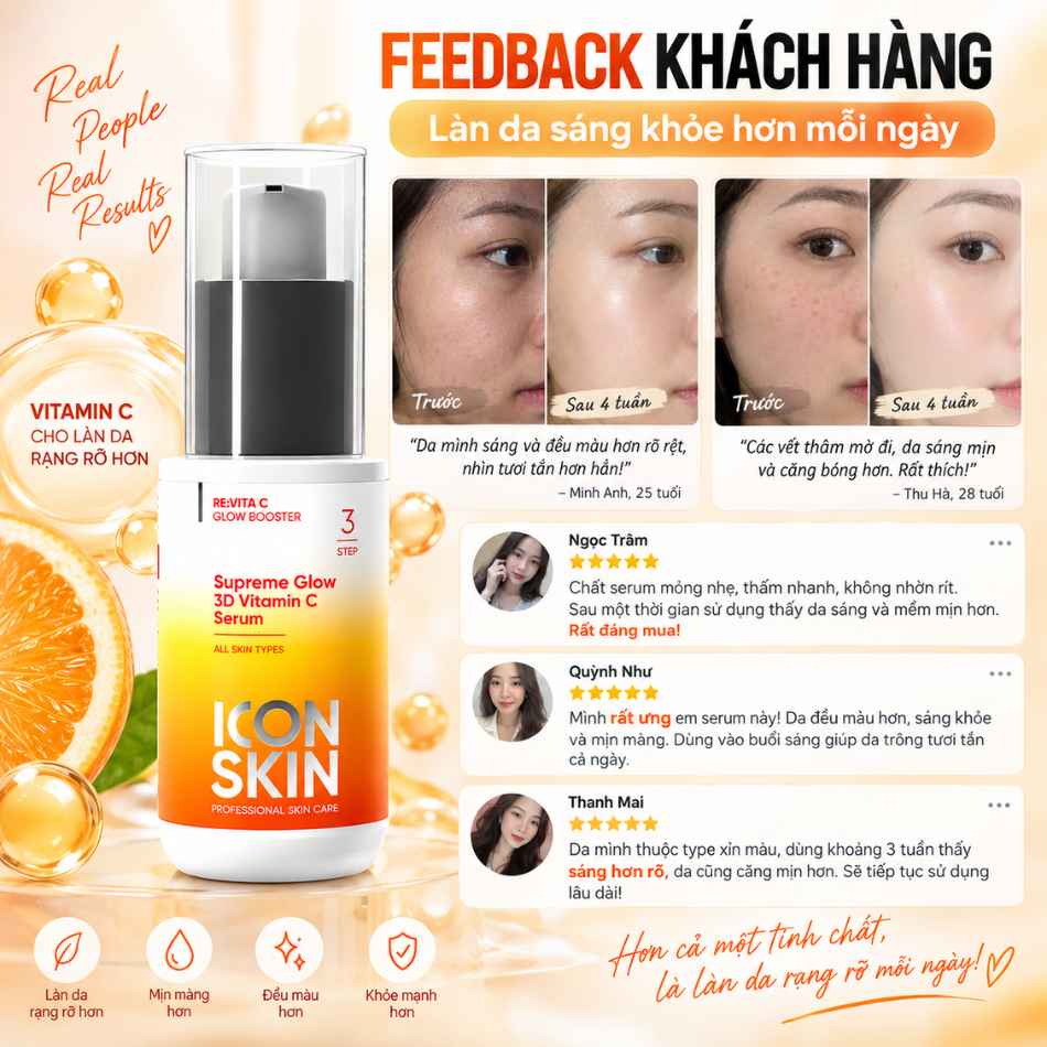 Tinh chất vitamin cải thiện chống lão hoá da Icon Skin Supreme Glow 3D Vitamin C Serum