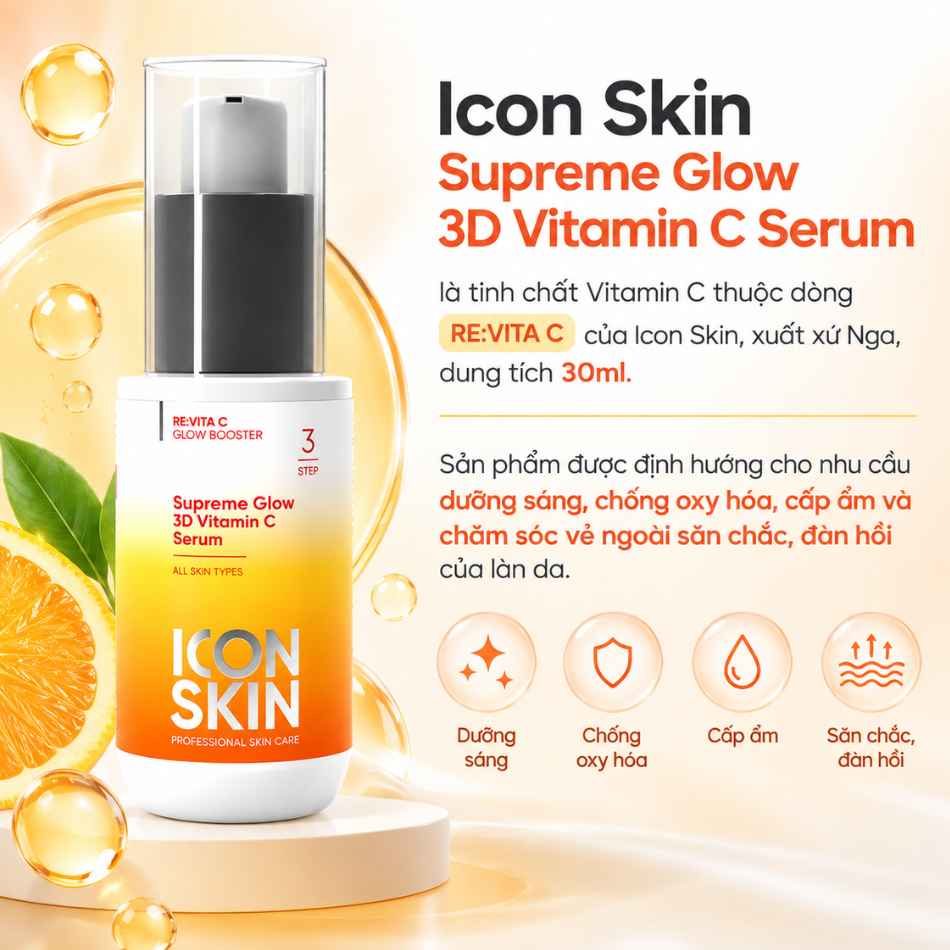Tinh chất vitamin cải thiện chống lão hoá da Icon Skin Supreme Glow 3D Vitamin C Serum