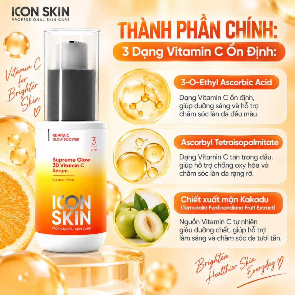 Tinh chất vitamin cải thiện chống lão hoá da Icon Skin Supreme Glow 3D Vitamin C Serum