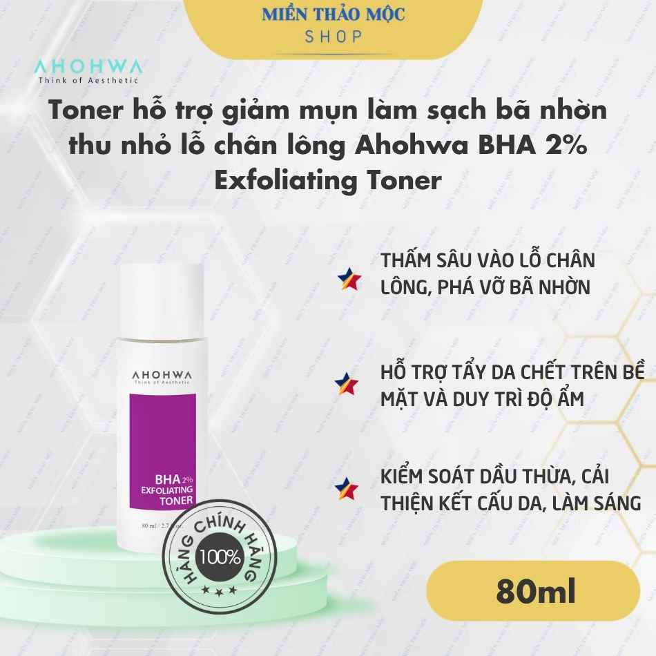 Toner hỗ trợ giảm mụn làm sạch bã nhờn thu nhỏ lỗ chân lông Ahohwa BHA 2% Exfoliating Toner