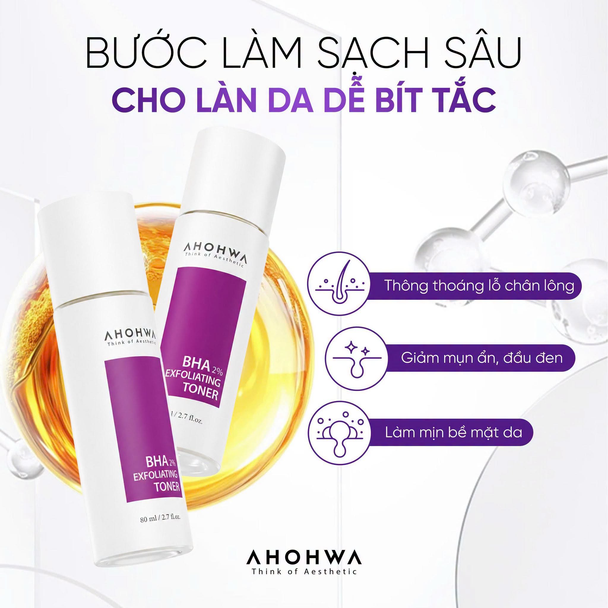 Toner hỗ trợ giảm mụn làm sạch bã nhờn thu nhỏ lỗ chân lông Ahohwa BHA 2% Exfoliating Toner