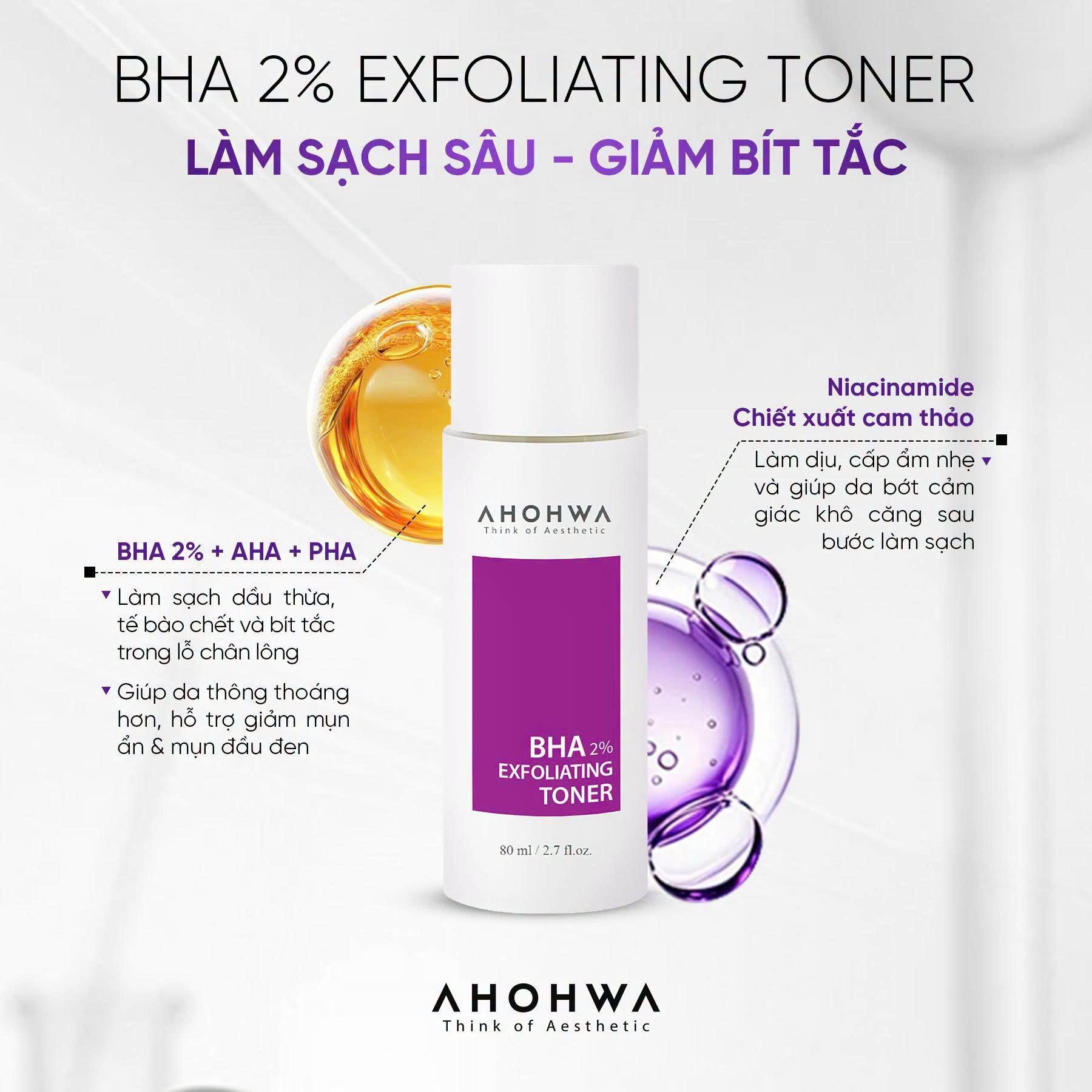 Toner hỗ trợ giảm mụn làm sạch bã nhờn thu nhỏ lỗ chân lông Ahohwa BHA 2% Exfoliating Toner