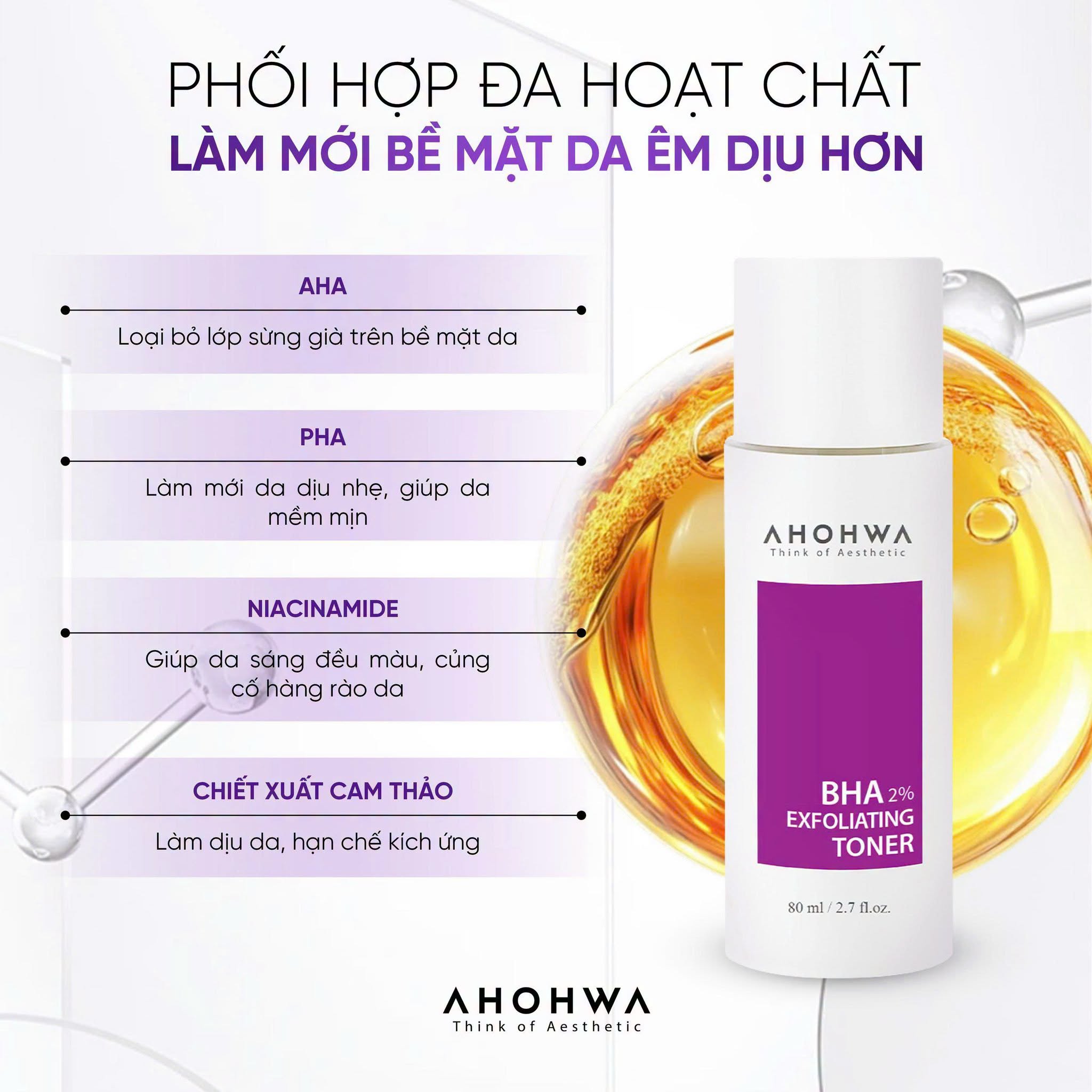 Toner hỗ trợ giảm mụn làm sạch bã nhờn thu nhỏ lỗ chân lông Ahohwa BHA 2% Exfoliating Toner