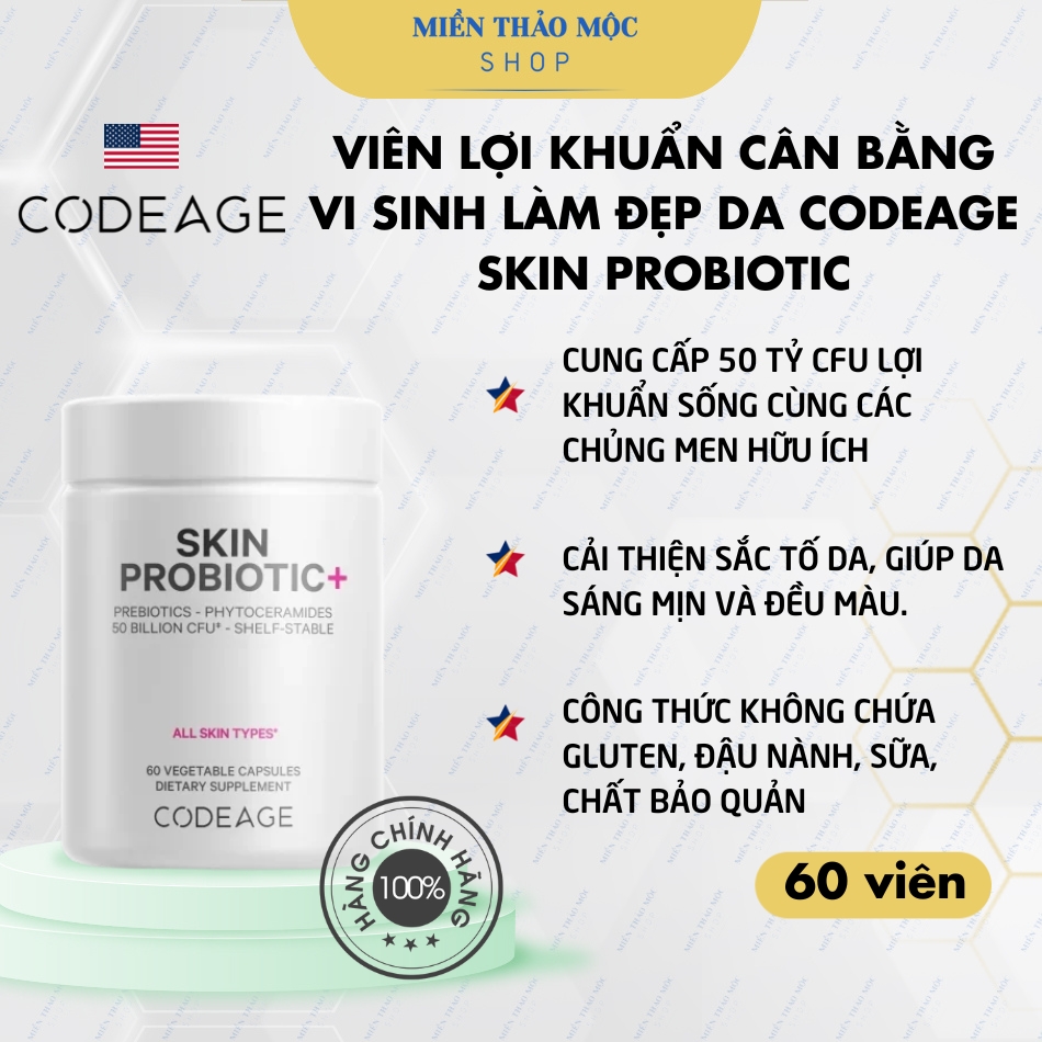 Viên lợi khuẩn cân bằng vi sinh làm đẹp da Codeage Skin Probiotic lọ 60 viên