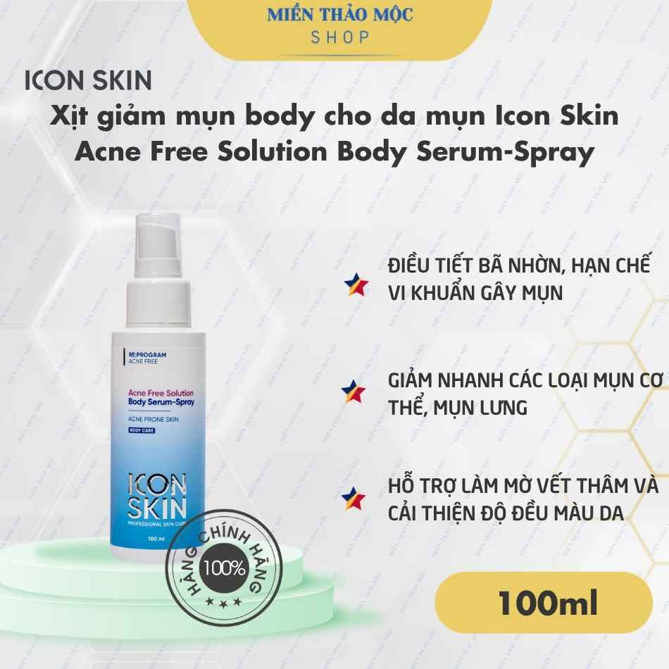 Xịt giảm mụn body cho da mụn Icon Skin Acne Free Solution Body Serum-Spray