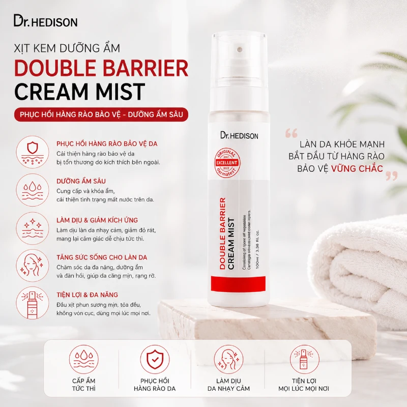 Xịt kem dưỡng ẩm Double Barrier Cream Mist Dr.Hedison 100ml – Cấp Ẩm Tức Thì, Phục Hồi Hàng Rào Bảo Vệ Da