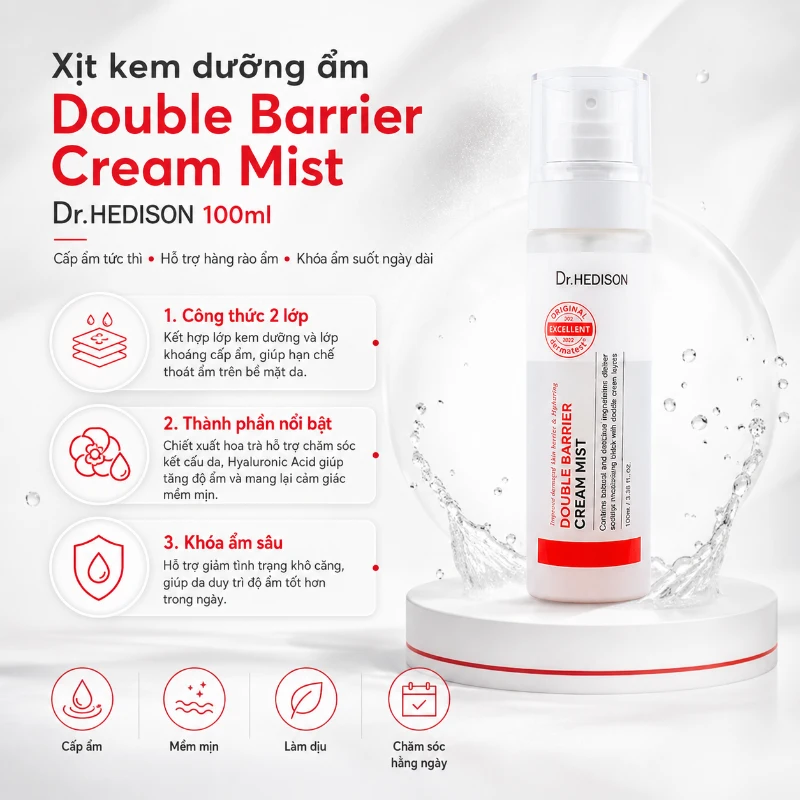 Xịt kem dưỡng ẩm Double Barrier Cream Mist Dr.Hedison 100ml – Cấp Ẩm Tức Thì, Phục Hồi Hàng Rào Bảo Vệ Da