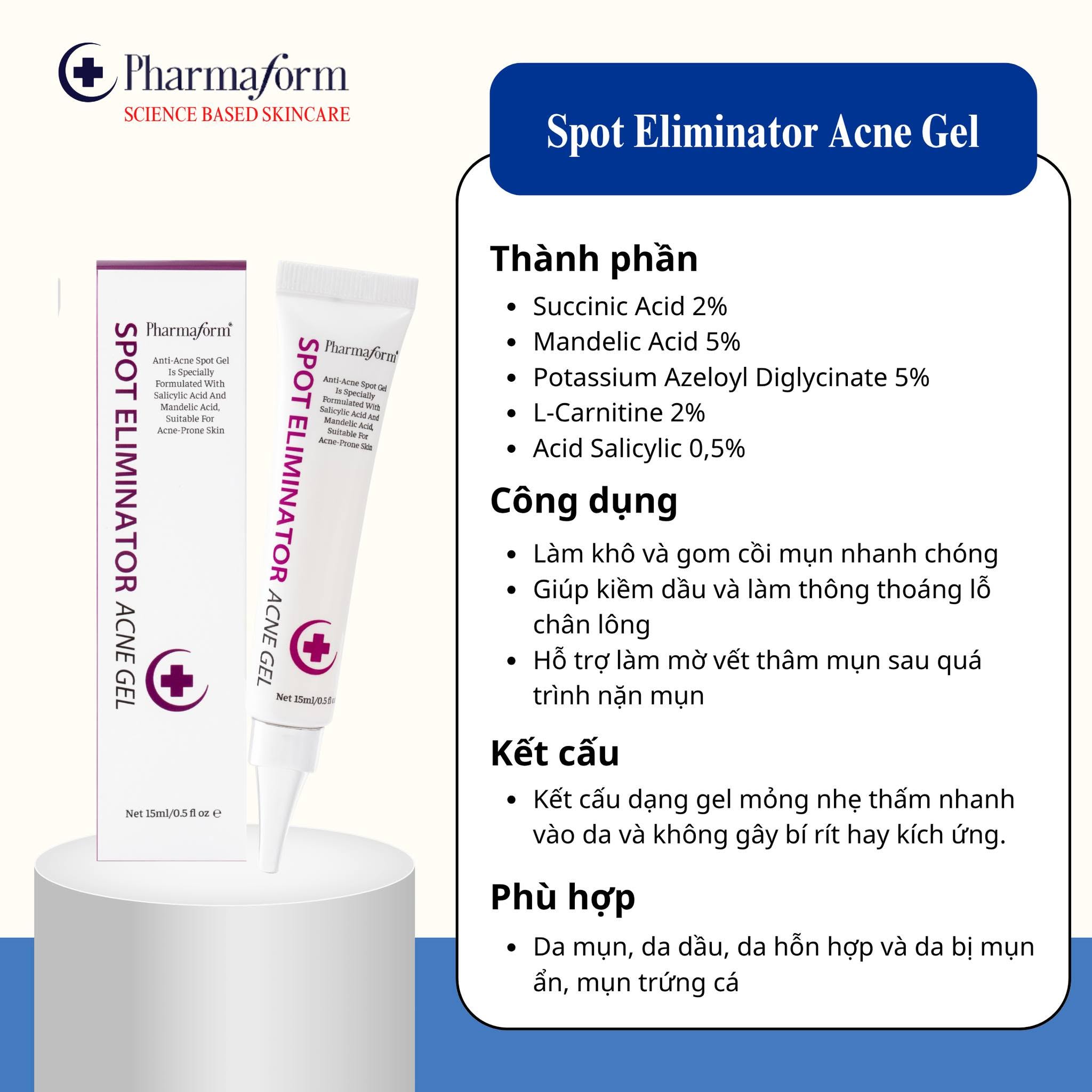 Gel Giảm Mụn, Giảm Dầu Thừa Pharmaform Spot Eliminator Acne Gel 15ml 1.jpg