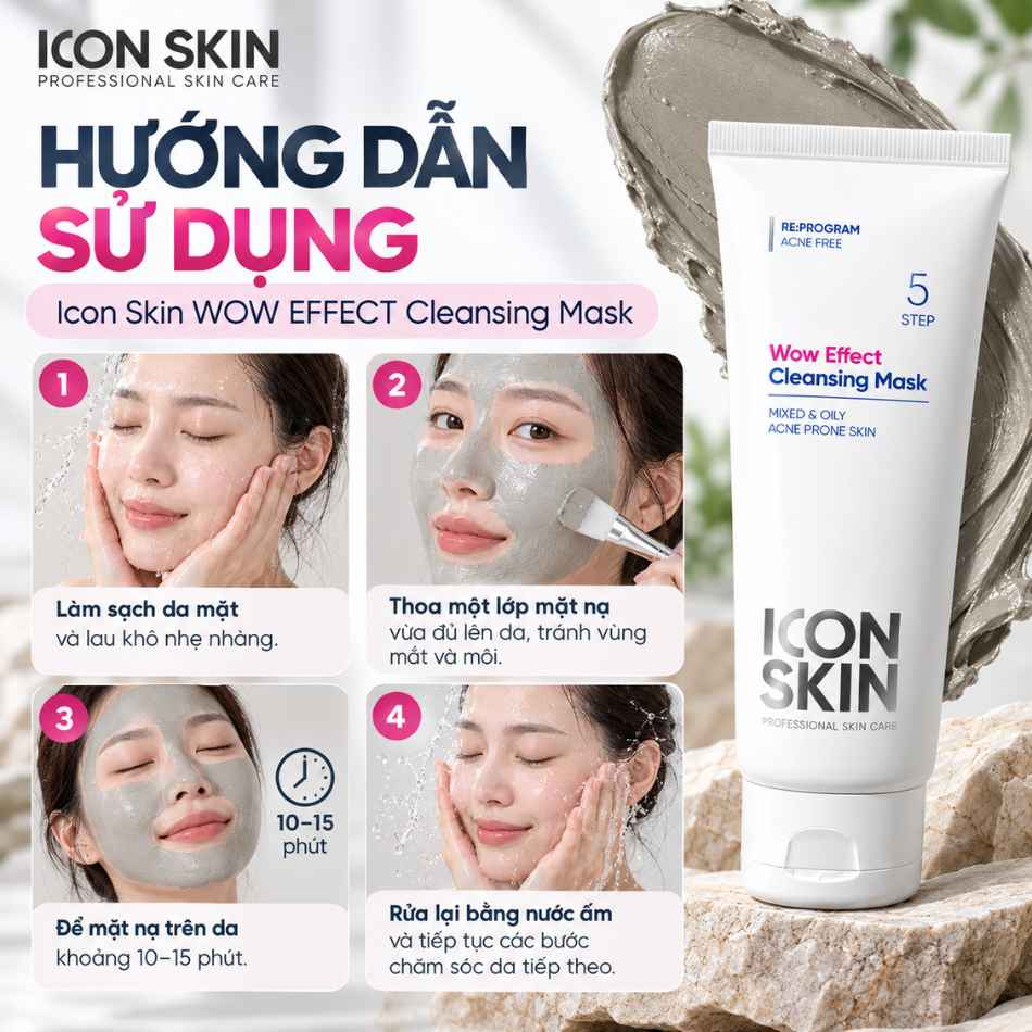 Mặt nạ đất sét cho da dầu da, hỗn hợp Icon Skin Wow Effect Cleansing Mask (4).jpg