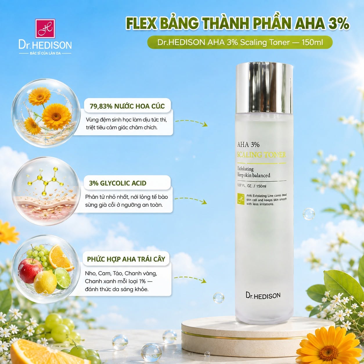 Nước hoa hồng tẩy tế bào chết dịu nhẹ Dr.HEDISON AHA 3% Scaling Toner 1.jpg
