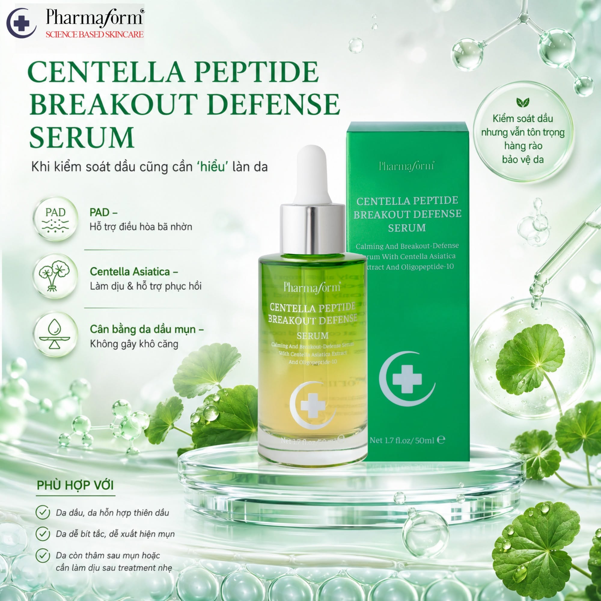 Serum Kiểm Soát Dầu, Hỗ Trợ Da Mụn Và Thâm Sau Mụn Pharmaform Centella Peptide Breakout Defense Serum 50ml.jpg
