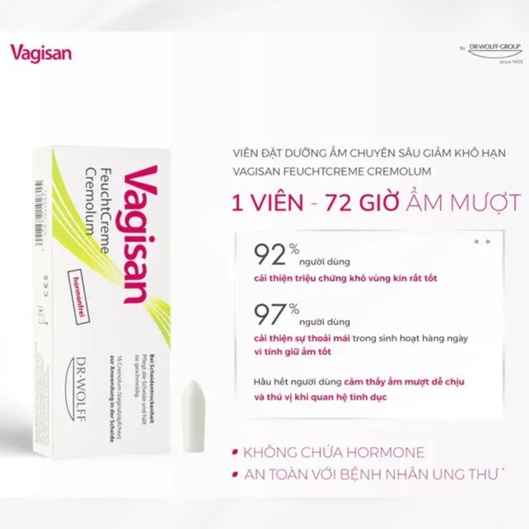 Viên đặt dưỡng ẩm Vagisan FeuchtCreme Cremolum hỗ trợ giảm khô hạn dành cho phụ nữ 16 viên/hộp