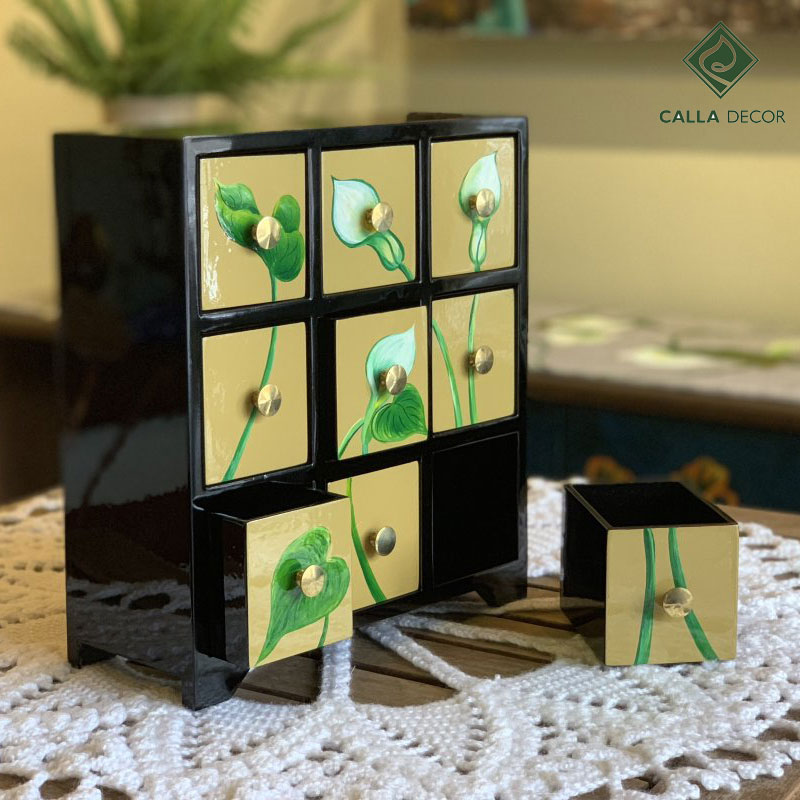 Tủ trang sức họa tiết hoa Calla 9 ngăn - màu đen