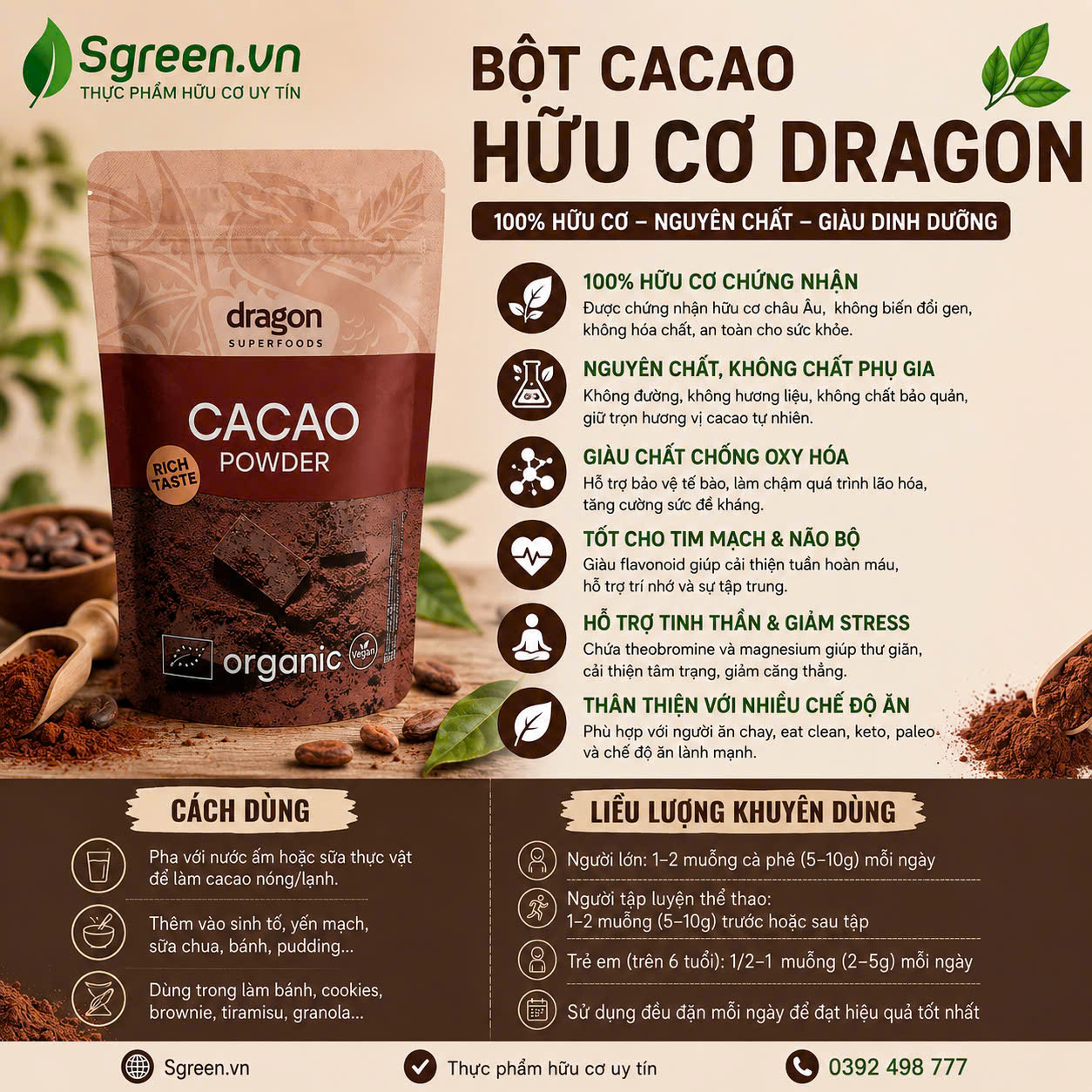 Bột cacao hữu cơ Dragon Superfoods 200g