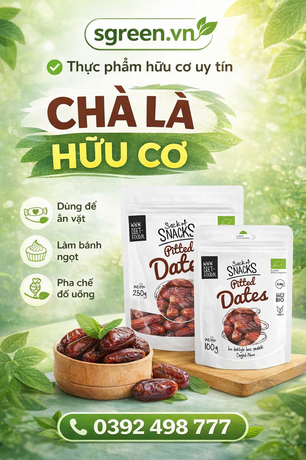 Chà là hữu cơ tách hạt DietFood túi 100g