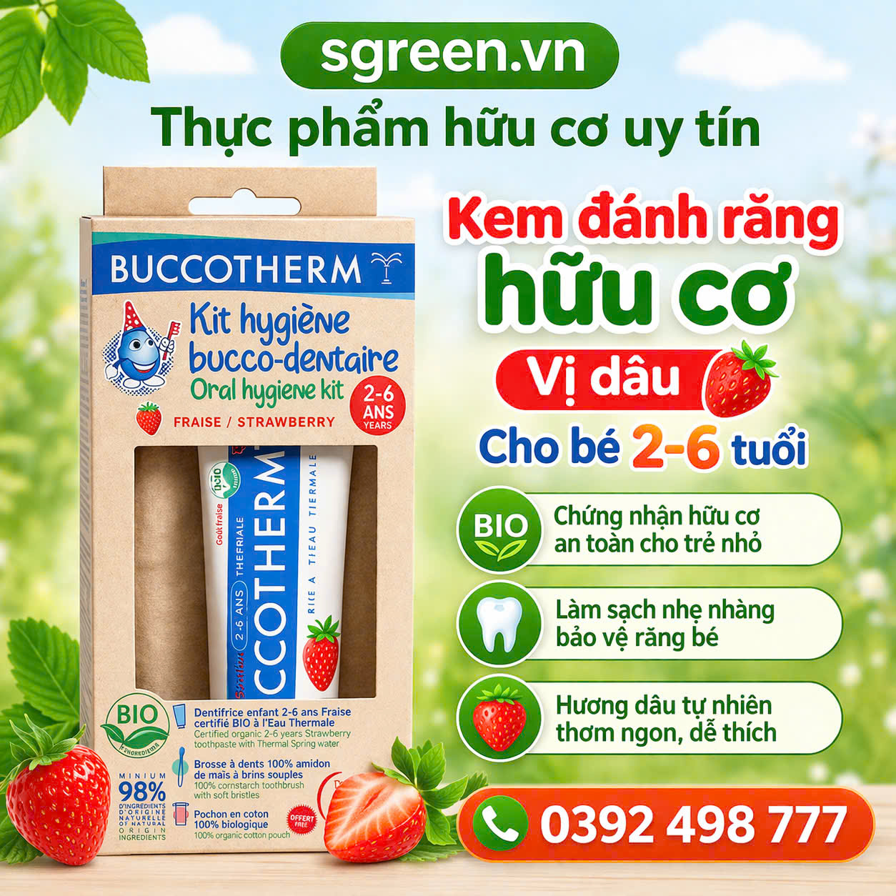 Kem Đánh Răng hữu cơ trẻ em vị dâu BUCCOTHERM 2-6 tuổi( tặng kèm bàn chải)