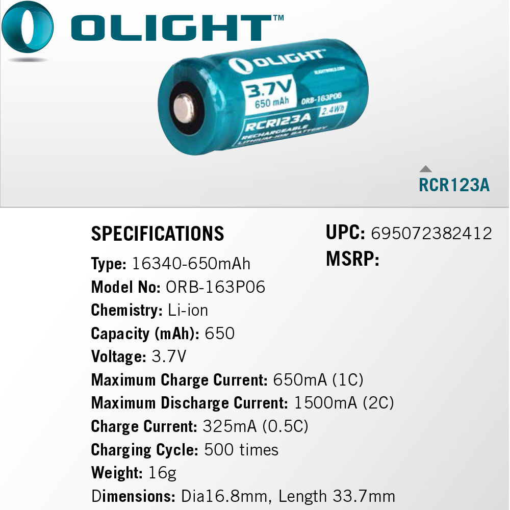 (01 viên) Pin sạc Olight RCR123A - 650 mAh - 3.7V (ORB2-163P06)