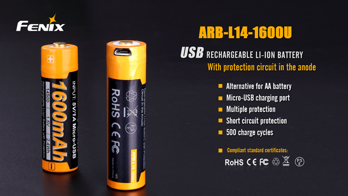 (01 viên) Pin sạc Fenix 14500 - ARB - L14 - 1600U (1600 mAh 1.5V - tích hợp sạc Micro USB trên thân pin)