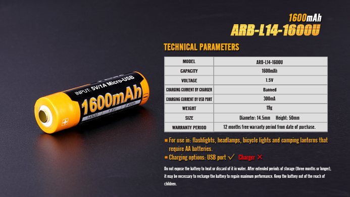 (01 viên) Pin sạc Fenix 14500 - ARB - L14 - 1600U (1600 mAh 1.5V - tích hợp sạc Micro USB trên thân pin)