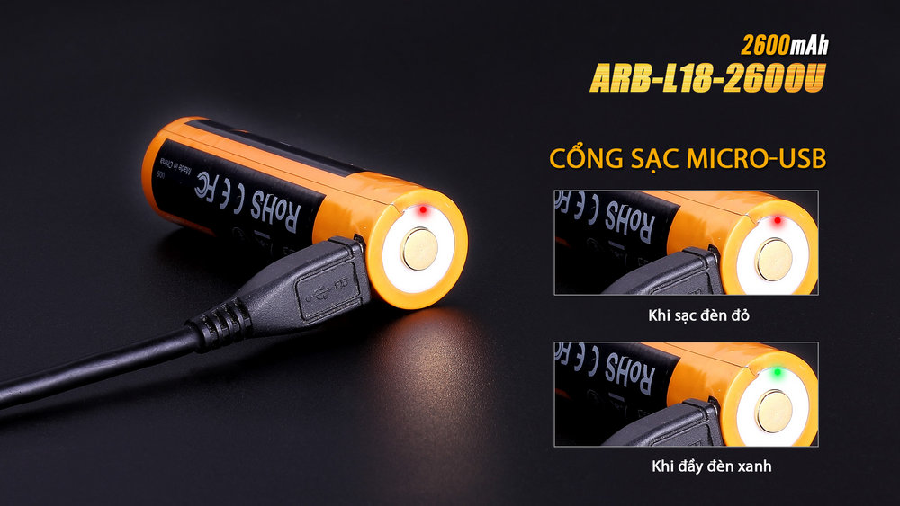 (01 viên) Pin sạc Fenix 18650 - ARB - L18 - 2600U (2600 mAh - tích hợp sạc Micro USB trên thân pin)