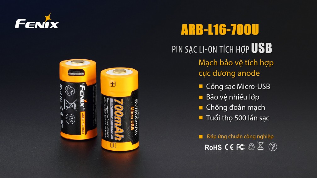 (01 viên) Pin sạc Fenix 16340 - ARB-L16-700U - 700 mAh (tích hợp sạc Micro USB trên thân pin)