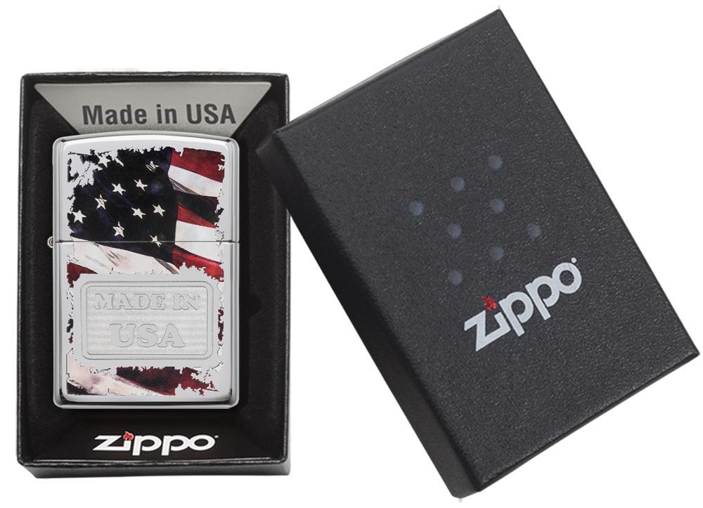 Zippo 29679 - Vỏ Chrome Chữ MADE IN USA trên nền Cờ Mỹ (Made In USA)