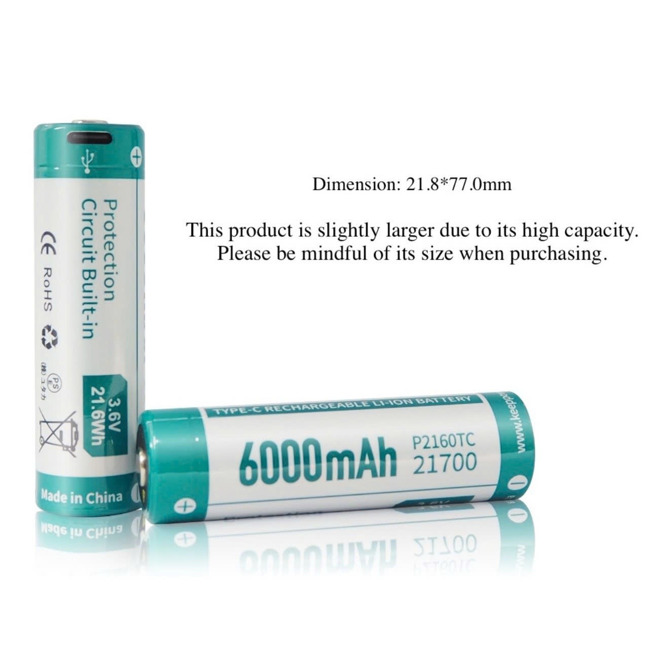 (01 viên) Pin sạc KeepPower 21700 (6000mAh - 3.6V), cổng Type-C (P2160TC)