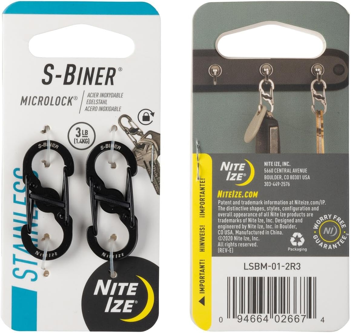 Nite Ize - Móc khóa LSBM-01-2R3 - S-Biner Microlock pack 2 (Thép đen Black Oxit)