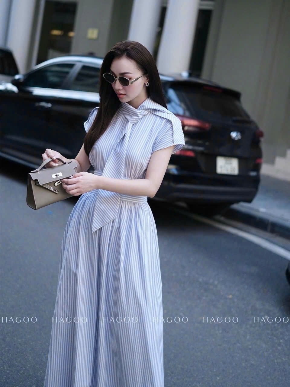 VÁY KẺ XANH NƠ