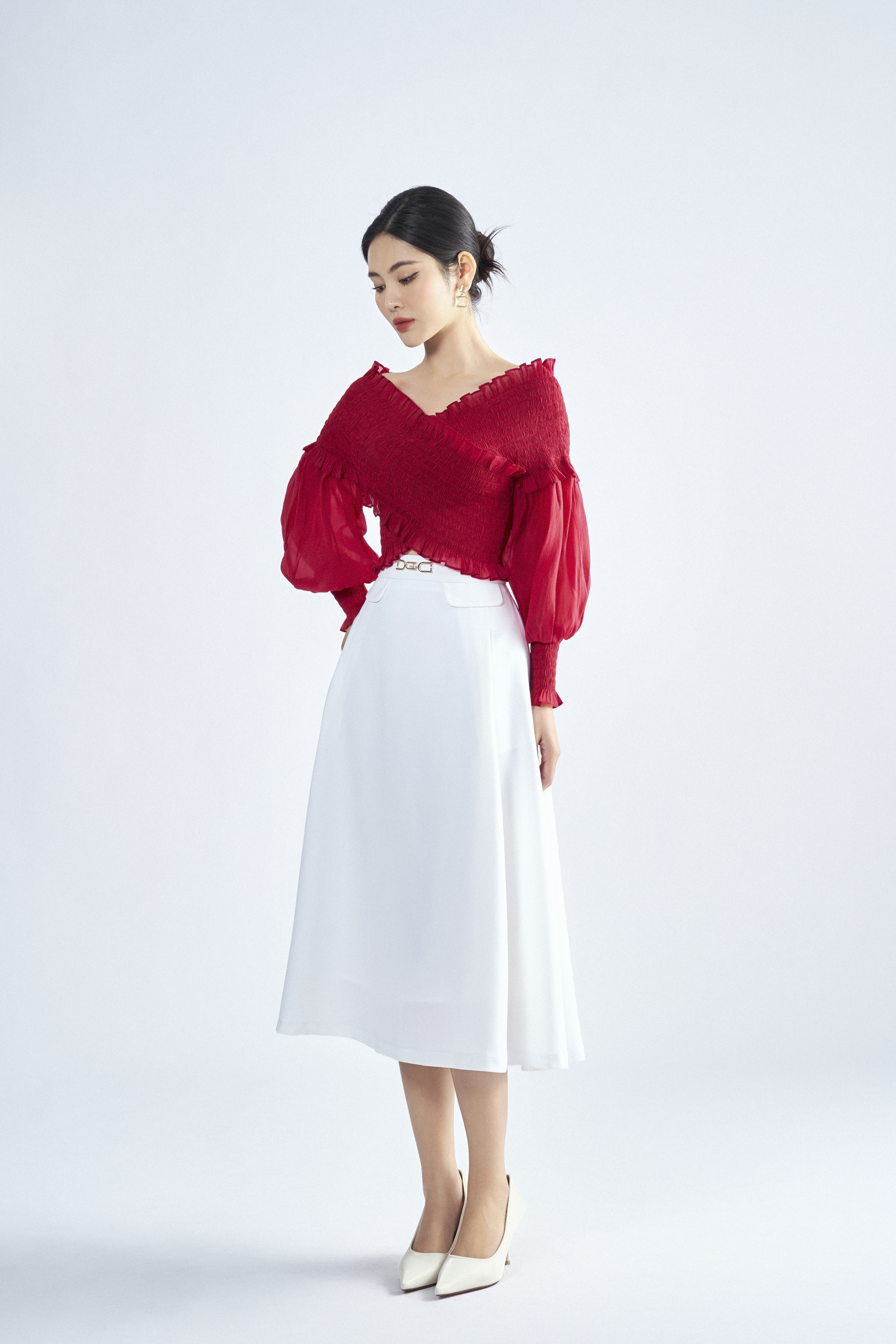 Chân váy nữ dáng A dài thiết kế xếp ly màu đỏ - đen thời trang GUMAC  VE01064 | Shopee Việt Nam