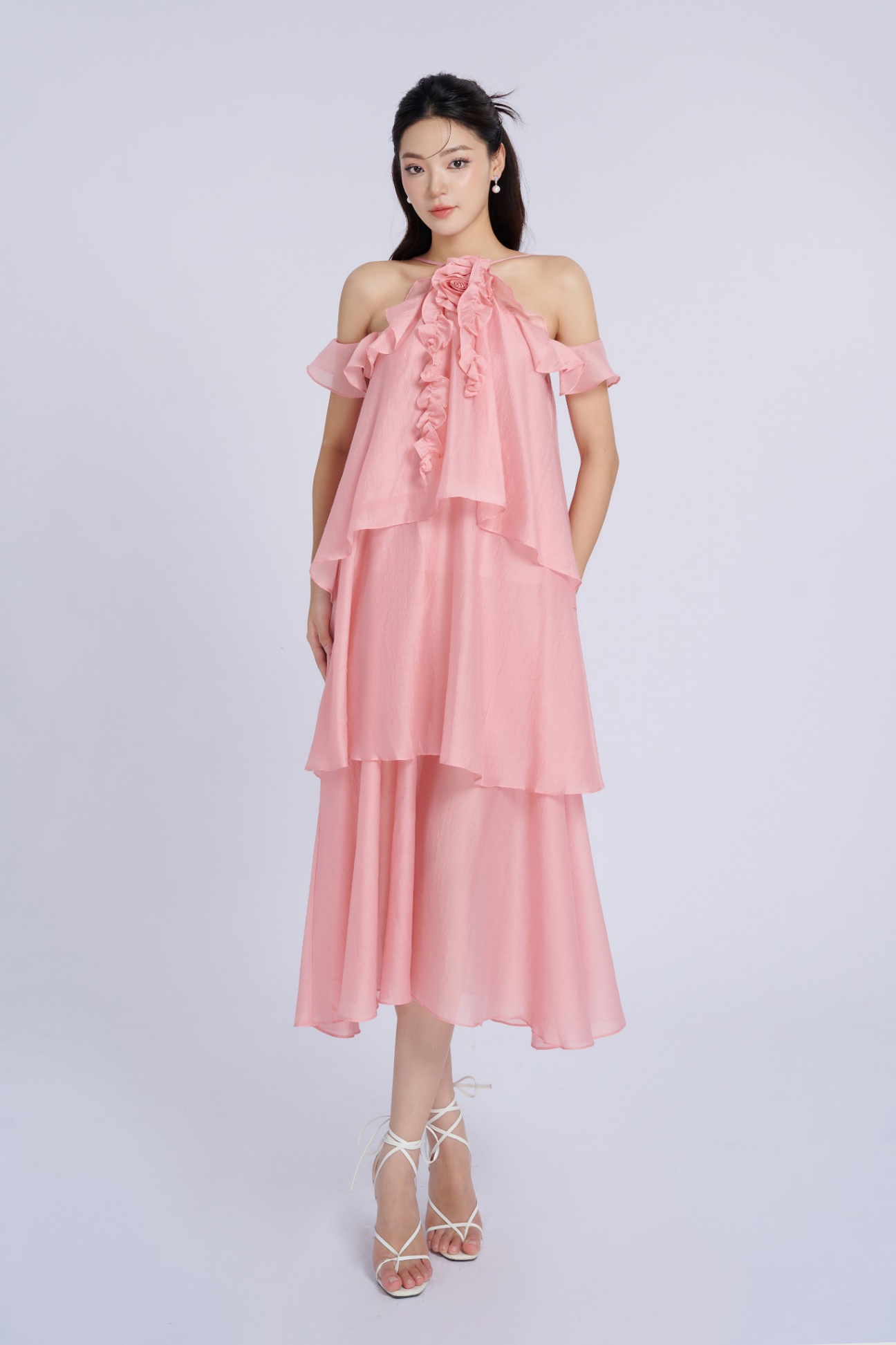 Đầm suông dáng dài cổ yếm màu hồng HL26-13 | Thời trang công sở K&K Fashion