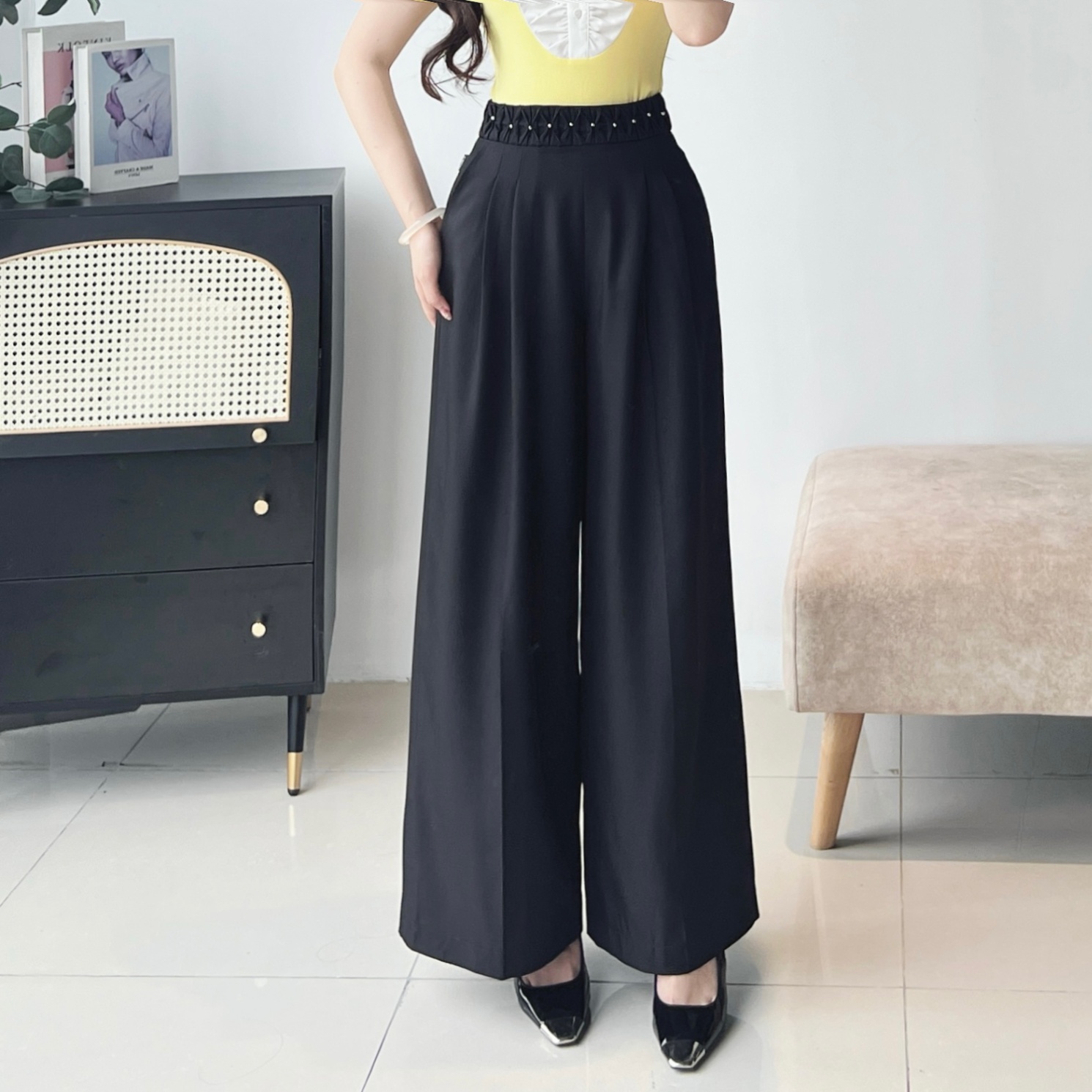 Quần ống rộng cạp smocking