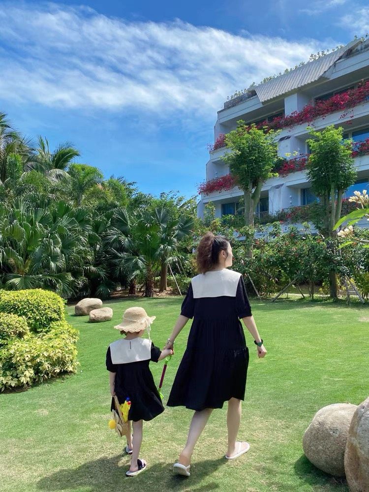 Bán sỉ Sét váy xuông đôi màu be cổ tim đen cho mẹ và bé | Shopee Việt Nam