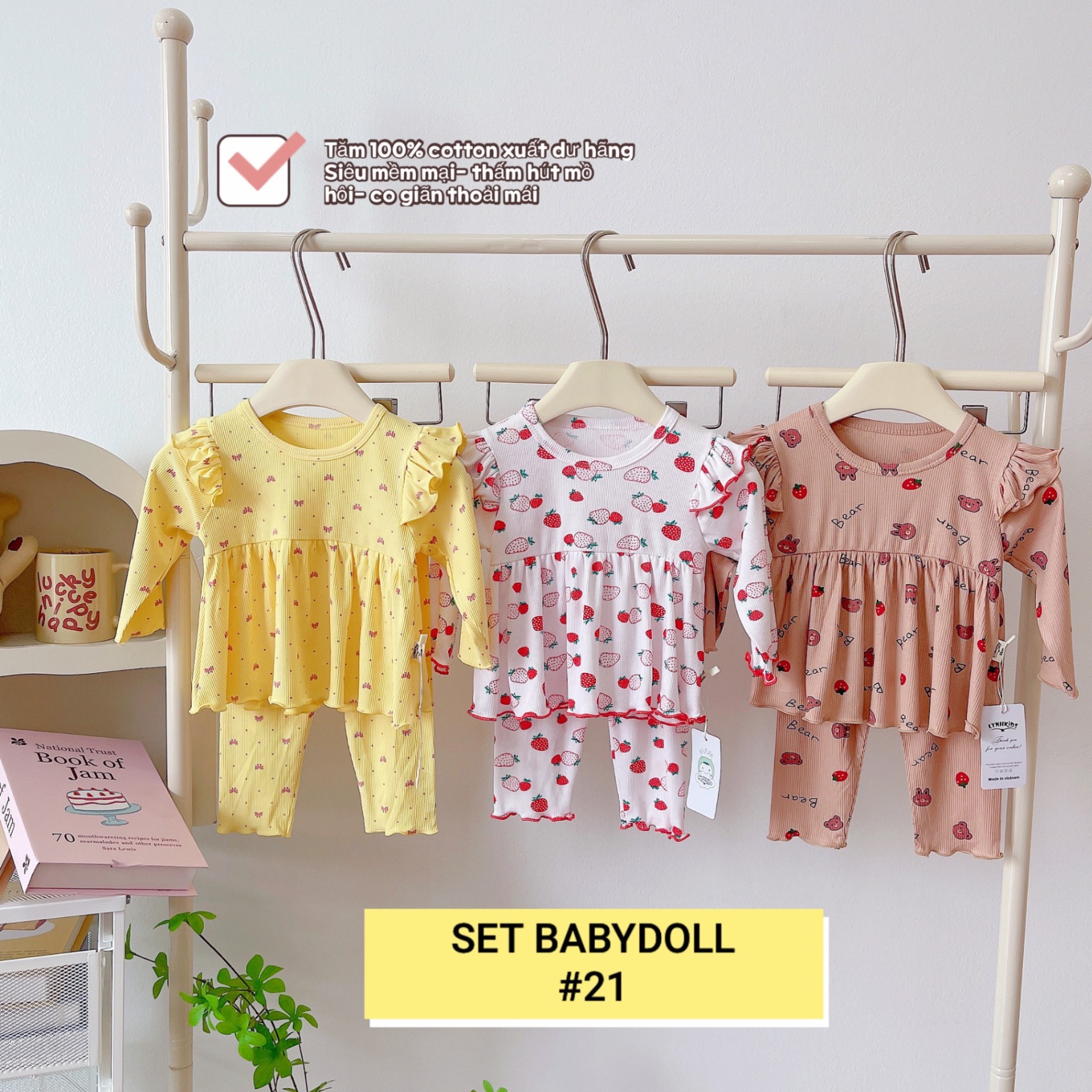 SET 3 BỘ BABYDOLL TĂM COTTON BÉ GÁI