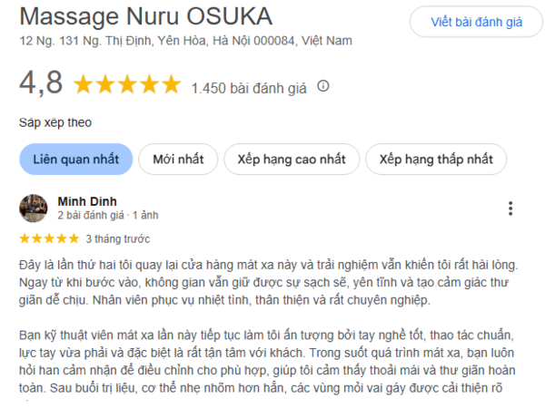 Review từ khách hàng sau khi trải nghiệm tại Massage nuru OSUKA
