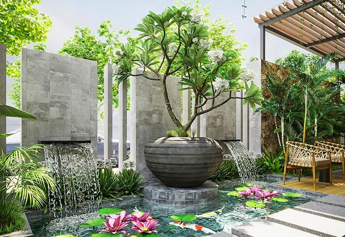 Tiểu cảnh sân thượng đẹp với bể cá nhỏ và bonsai
