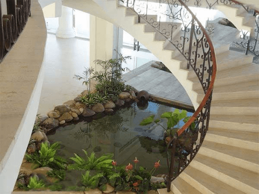 Hồ cá Koi với cầu thang đá tạo điểm nhấn thẩm mỹ