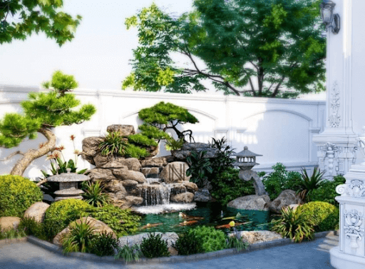 Hòn non bộ kết hợp tiểu cảnh tạo không gian thư giãn